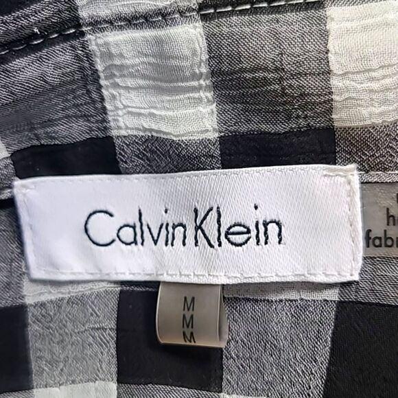 Calvin Klein High-Low Sheer Buttondown Blouse, Black & White Check, Size Medium - Picture 8 of 9